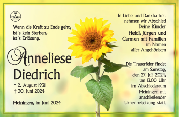 Traueranzeige von Anneliese Dietrich von Südthüringer Presse