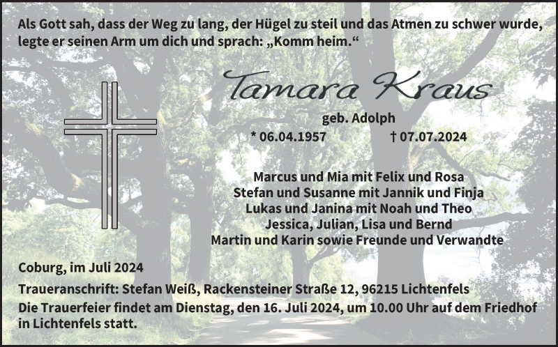  Traueranzeige für Tamara Kraus vom 10.07.2024 aus Neue Presse Coburg