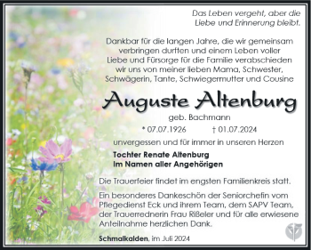 Traueranzeige von Auguste Altenburg von Südthüringer Presse