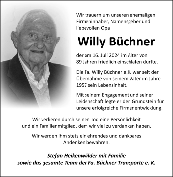 Traueranzeige von Willy Büchner von Neue Presse Coburg