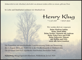 Traueranzeige von Henry Klug von Südthüringer Presse