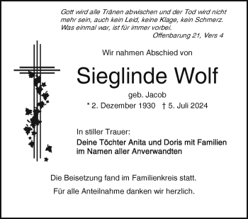 Traueranzeige von Sieglinde Wolf von Frankenpost