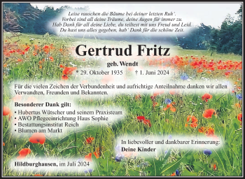 Traueranzeige von Gertrud Fritz von Südthüringer Presse