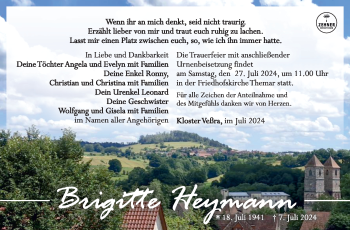 Traueranzeige von Brigitte Heymann von Südthüringer Presse