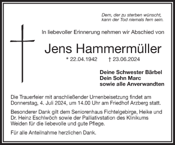 Traueranzeige von Jens Hammermüller von Frankenpost