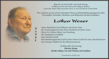 Traueranzeige von Lothar Weser von Südthüringer Presse