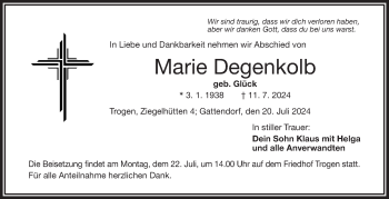 Traueranzeige von Marie Degenkolb von Frankenpost