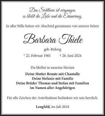 Traueranzeige von Barbara Thiele von Südthüringer Presse