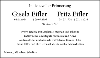 Traueranzeige von Gisela und Fritz Eifler von Neue Presse Coburg