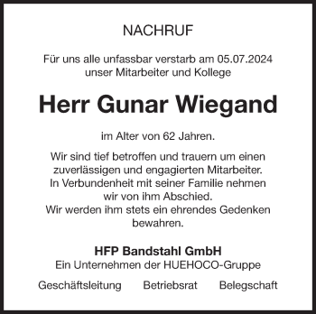 Traueranzeige von Gunar Wiegand von Südthüringer Presse