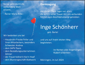 Traueranzeige von Inge Schönherr von Südthüringer Presse