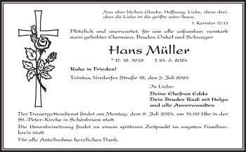 Traueranzeige von Hans Müller von Frankenpost