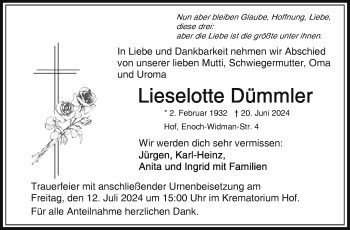 Traueranzeige von Lieselotte Dümmler von Frankenpost