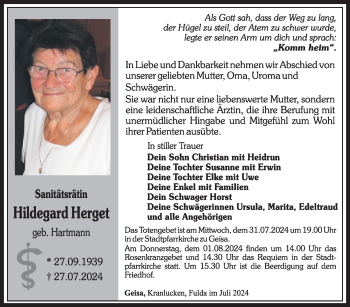 Traueranzeige von Hildegard Herget von Südthüringer Presse