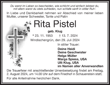 Traueranzeige von Rita Pistel von Frankenpost
