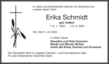 Traueranzeige von Erika Schmidt von Frankenpost