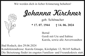 Traueranzeige von Johanna Kirchner von Neue Presse Coburg