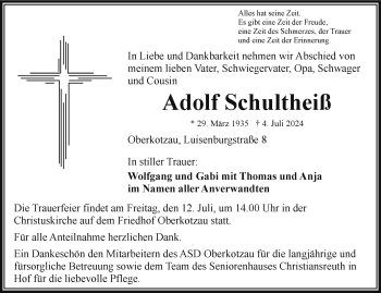 Traueranzeige von Adolf Schultheiß von Frankenpost