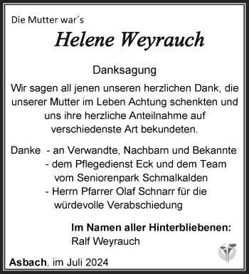 Traueranzeige von Helene Weyrauch von Südthüringer Presse