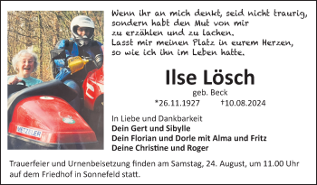 Traueranzeige von Ilse Lösch von Neue Presse Coburg