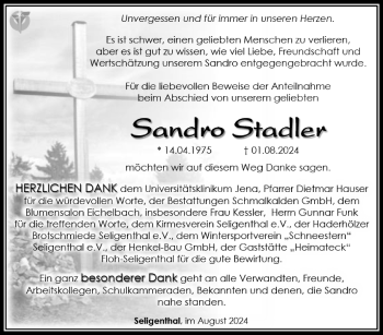 Traueranzeige von Sandro Stadler von Südthüringer Presse