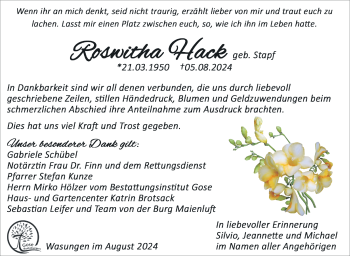 Traueranzeige von Roswitha Hack von Südthüringer Presse