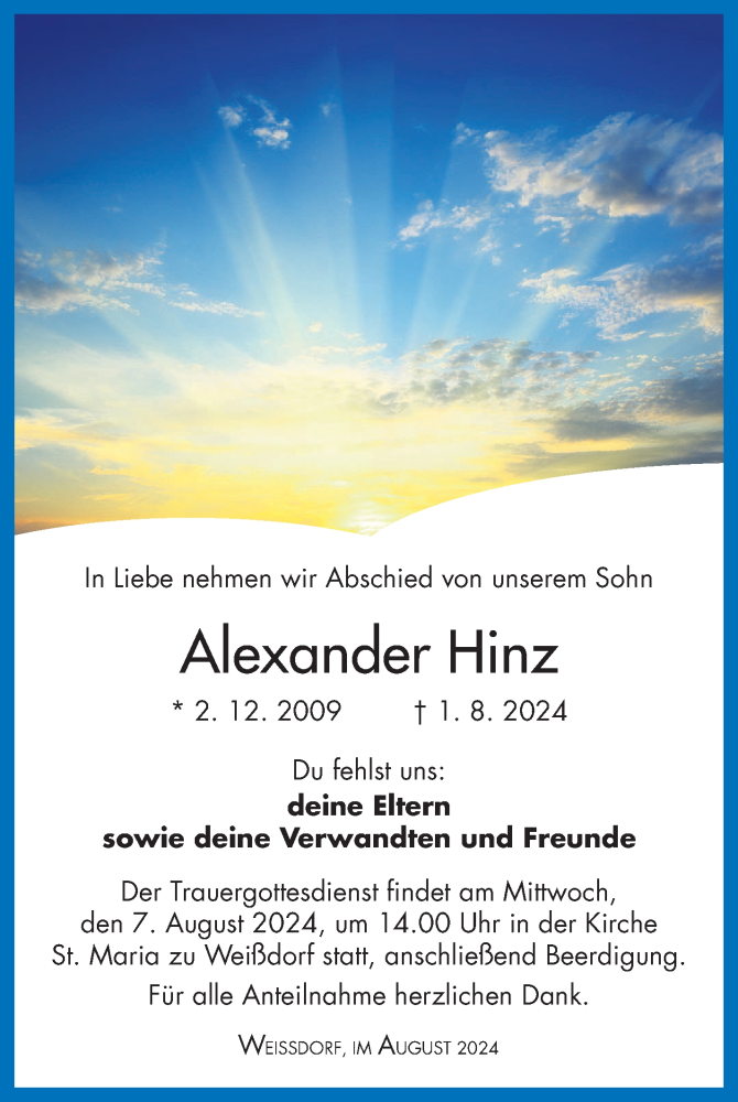  Traueranzeige für Alexander Hinz vom 03.08.2024 aus Frankenpost