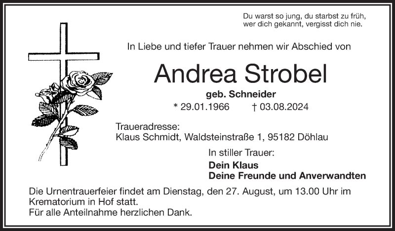  Traueranzeige für Andrea Strobel vom 24.08.2024 aus Frankenpost