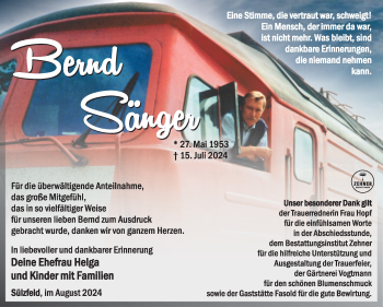 Traueranzeige von Bernd Sänger von Südthüringer Presse