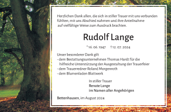 Traueranzeige von Rudolf Lange von Südthüringer Presse