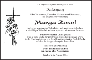 Traueranzeige von Marga Zosel von Südthüringer Presse