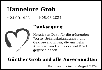 Traueranzeige von Hannelore Grob von Südthüringer Presse