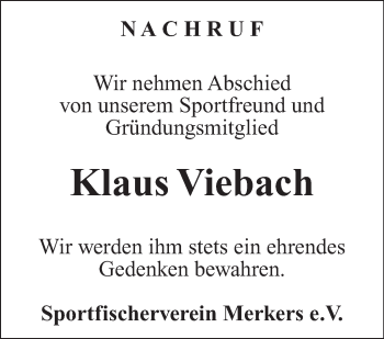 Traueranzeige von Klaus Viebach von Südthüringer Presse