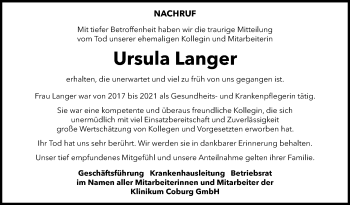 Traueranzeige von Ursula Langer von Neue Presse Coburg