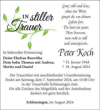 Traueranzeige von Peter Koch von Südthüringer Presse