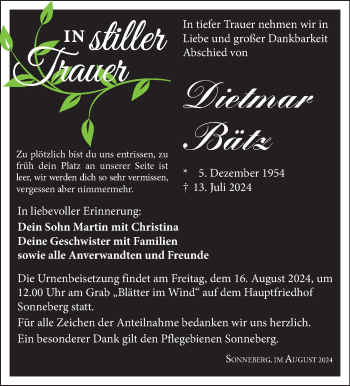 Traueranzeige von Dietmar Bätz von Südthüringer Presse