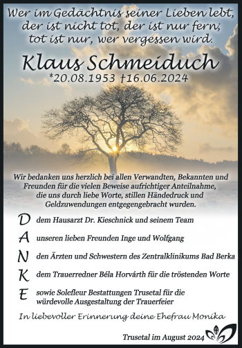 Traueranzeige von Klaus Schmeiduch von Südthüringer Presse