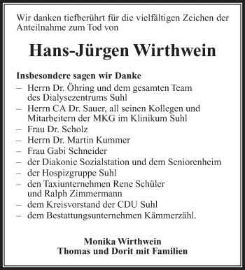 Traueranzeige von Hans-Jürgen Wirthwein von Südthüringer Presse