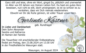 Traueranzeige von Gerlinde Kästner von Südthüringer Presse