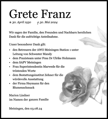 Traueranzeige von Grete Franz von Südthüringer Presse