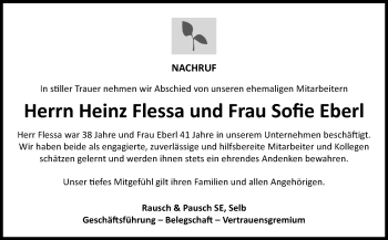 Traueranzeige von SofieHeinz EberlFlessa von Frankenpost