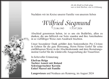 Traueranzeige von Willfried Siegmund von Südthüringer Presse