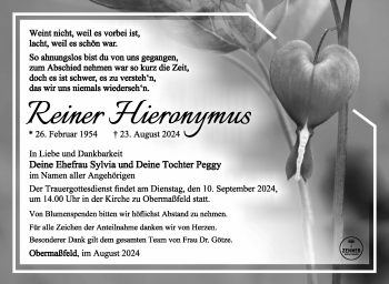 Traueranzeige von Reiner Hieronymus von Südthüringer Presse