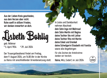 Traueranzeige von Lisbeth Bohlig von Südthüringer Presse