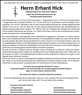 Traueranzeige von Erhard Hick von Frankenpost