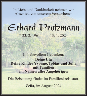 Traueranzeige von Erhard Protzmann von Südthüringer Presse