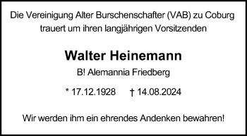 Traueranzeige von Walter Heinemann von Neue Presse Coburg
