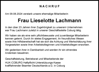 Traueranzeige von Lieselotte Lachmann von Neue Presse Coburg