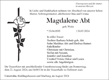 Traueranzeige von Magdalene Abt von Südthüringer Presse