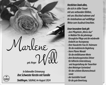 Traueranzeige von Marlene Will von Südthüringer Presse